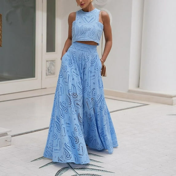 Women's Long Skirt Suit Sleeveless Elegant Lace Two Piece Maxi Skirt Set Eyelet Women'S Sleeveless Elegant Lace Two Piece Long Skirt Suit Long Skirt With Pocket Hollow Fabric,Blue Women's Long Skirt S