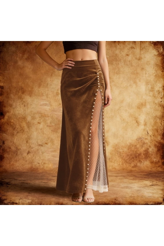 Women's Long Skirt Vintage Western Mesh Patchwork Beaded Brown XL