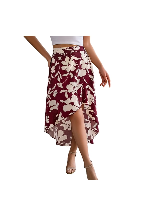 Women's Long Skirts Floral Elastic High Waist Asymmetrical Hem Skirt