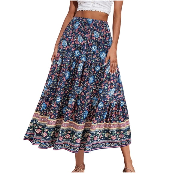 Women's Long Skirts Summer Fashion Boho Flowy Swing A-Line Skirts 2025 Leisure Vacation Beach Elastic Waist Printing Long Maxi Skirt