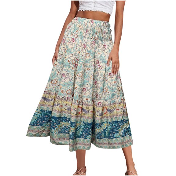 Women's Long Skirts Summer Fashion Boho Flowy Swing A-Line Skirts 2025 Leisure Vacation Beach Elastic Waist Printing Long Maxi Skirt