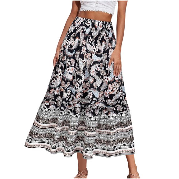 Women's Long Skirts Summer Fashion Boho Flowy Swing A-Line Skirts 2025 Leisure Vacation Beach Elastic Waist Printing Long Maxi Skirt