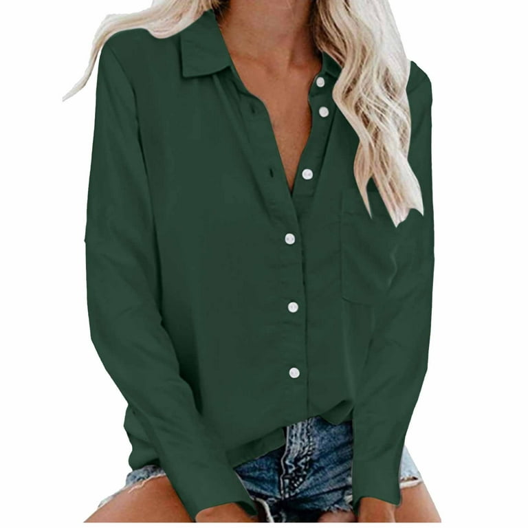 Women's Long Sleece Button Down Shirts Business Office Blouse Collored Neck  Long Sleeve Shirts Casual Loose Tops for Workwear Green XL 