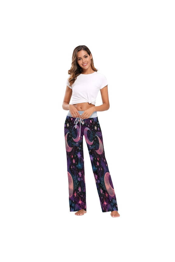Women's Long Sleep Pants Home Pants Sleep Pants Wide-Leg Pants Design Elastic Fabric Casual Pants L Purple Moon