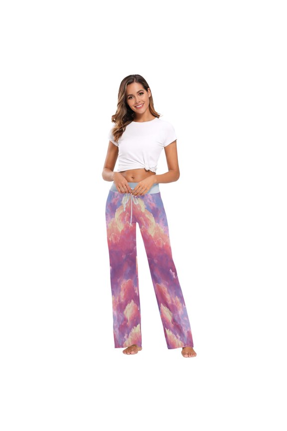 Women's Long Sleep Pants Home Pants Sleep Pants Wide-Leg Pants Design Elastic Fabric Casual Pants M Beautiful Pink Clouds