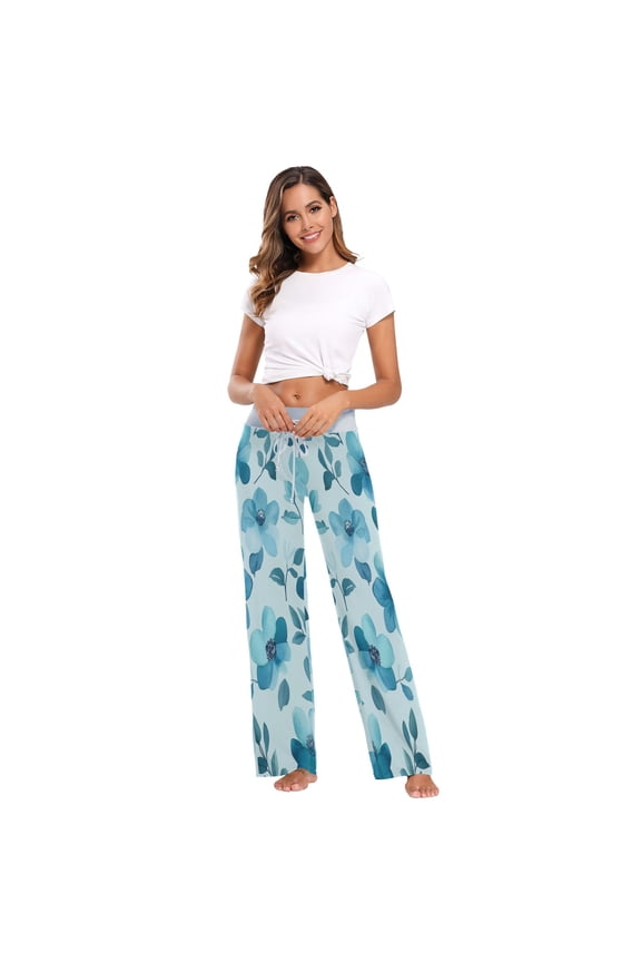 Women's Long Sleep Pants Home Pants Sleep Pants Wide-Leg Pants Design Elastic Fabric Casual Pants M Cartoon Teal Flowers