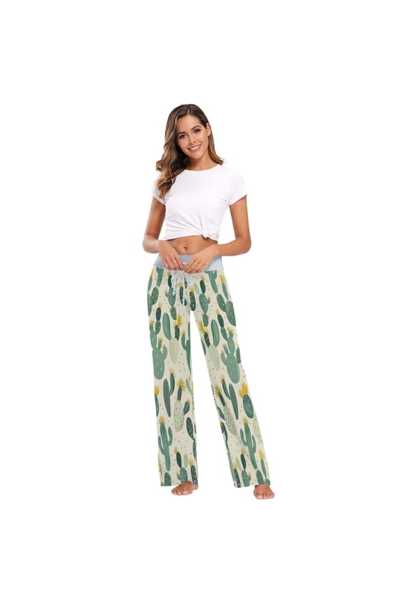 Women's Long Sleep Pants Home Pants Sleep Pants Wide-Leg Pants Design Elastic Fabric Casual Pants M Green Cartoon Cactus