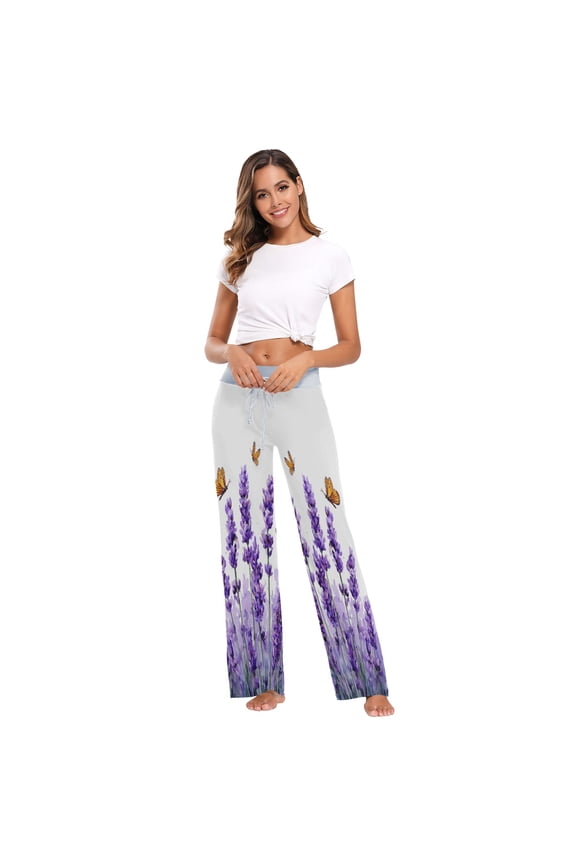 Women's Long Sleep Pants Home Pants Sleep Pants Wide-Leg Pants Design Elastic Fabric Casual Pants M Lavender Butterfly