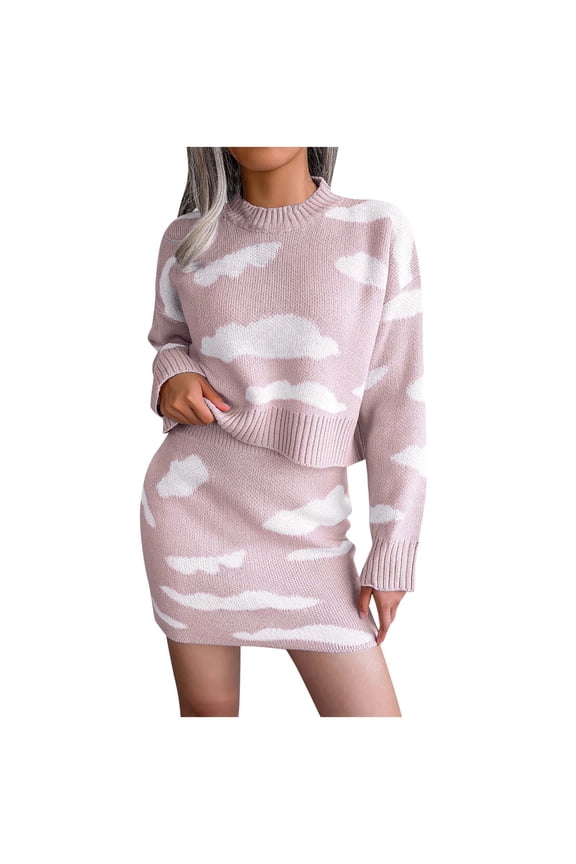 Women's Long Sleeve 2 Piece Knit Outfits Cloud Print Crop Top Mini Skirt Set Bodycon Sweater Dress Fall Clothes Set