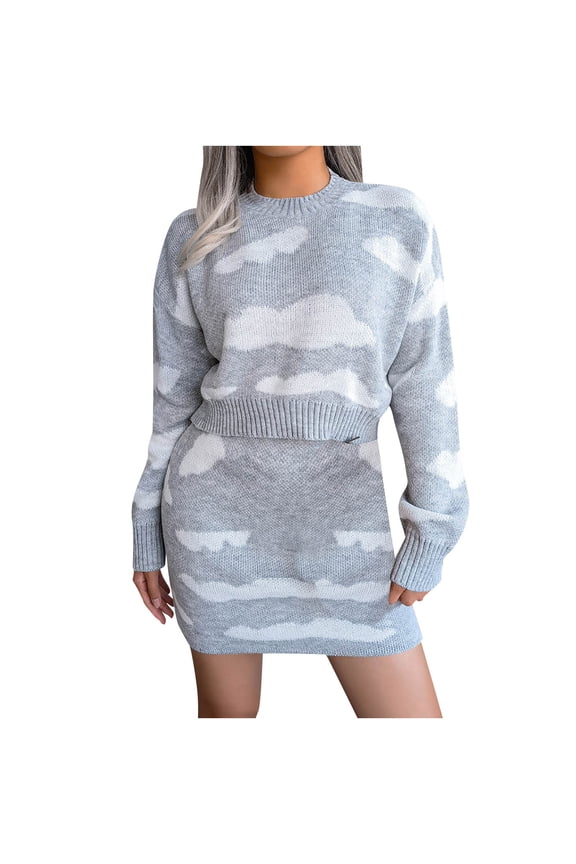 Women's Long Sleeve 2 Piece Knit Outfits Cloud Print Crop Top Mini Skirt Set Bodycon Sweater Dress Fall Clothes Set