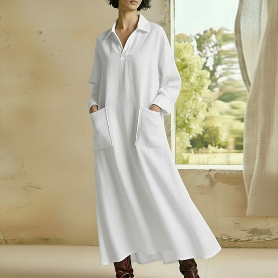 Women's Long Sleeve A-Line Dress with Chest Pocket for Casual Wear