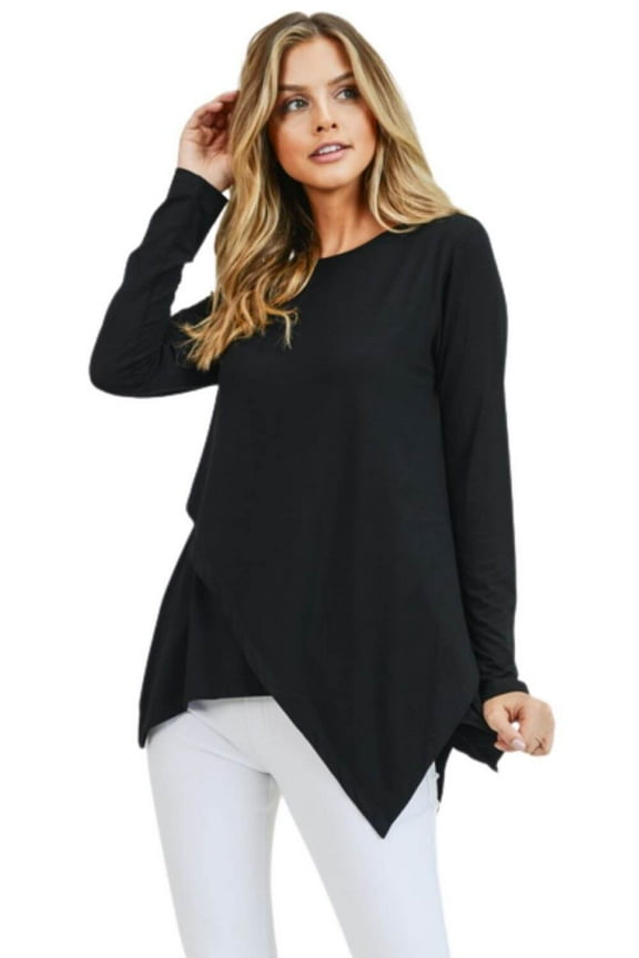 Women's Long Sleeve Asymmetrical Hem Tunic Top, Black, L