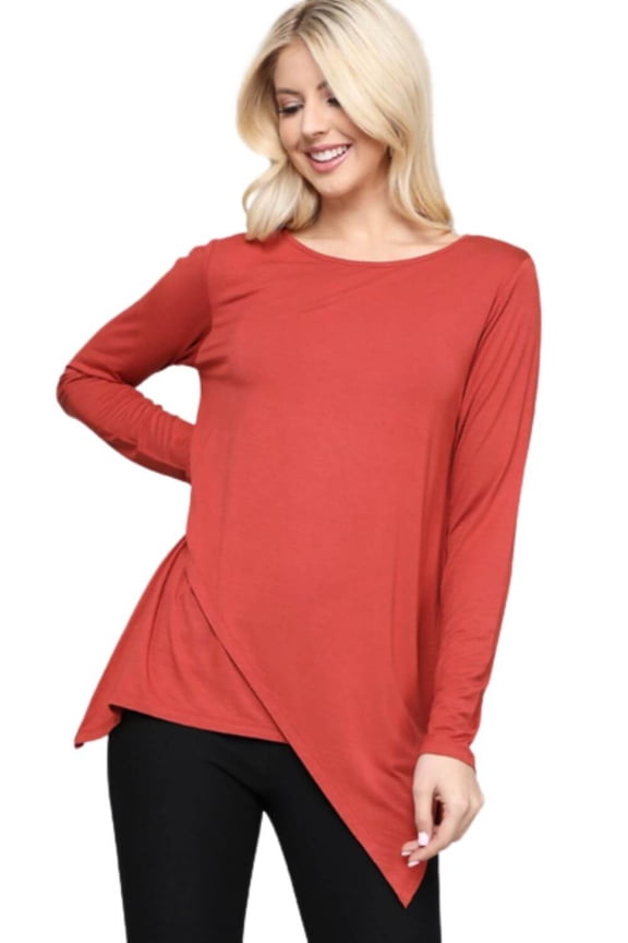 Women's Long Sleeve Asymmetrical Hem Tunic Top, RUST, S