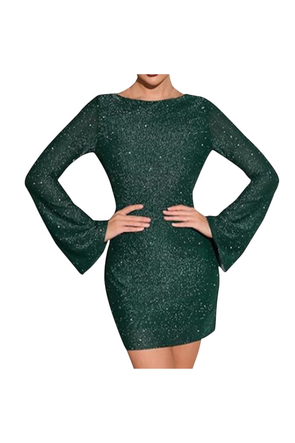Women's Long Sleeve Backless Sequin Dress, Glitter Evening Dress for Party, Prom, NYE, Holiday Events, Sexy Sparkly Outfit,Dark Green S