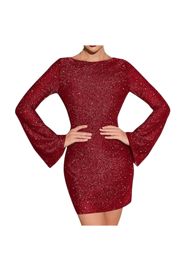 Women's Long Sleeve Backless Sequin Dress, Glitter Evening Dress for Party, Prom, NYE, Holiday Events, Sexy Sparkly Outfit,Red S
