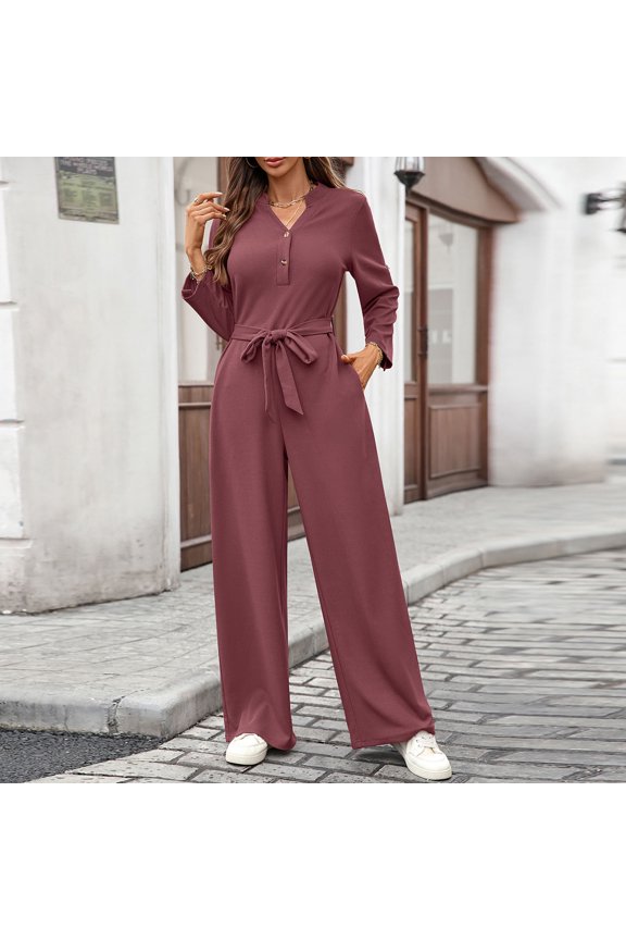 Women's Long Sleeve Belted Jumpsuit Button V Neck Wide Leg Overalls Elegant Pants with Pockets Tie Waist for Casual and Office Wear Wine XL