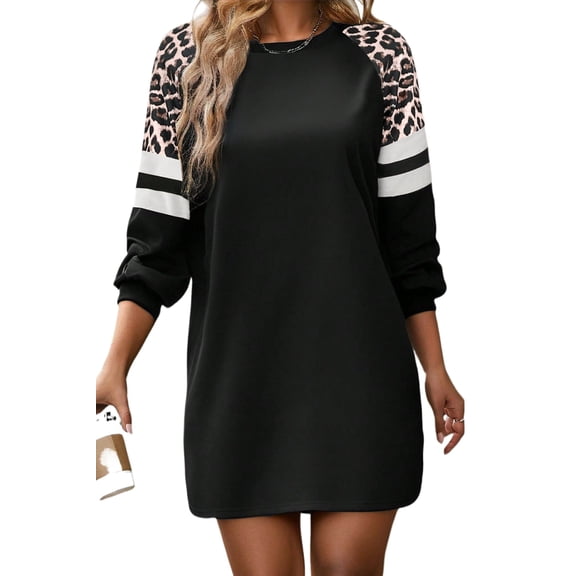 Women's Long Sleeve Black Leopard Raglan Sweatshirt Dress with Colorblock Details – Relaxed Fall Style | M