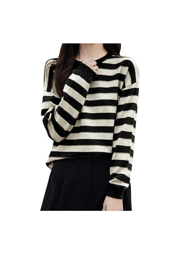 Women's Long Sleeve Black White Striped T-Shirt Pullover Top Loose Elegant Striped Crewneck Top