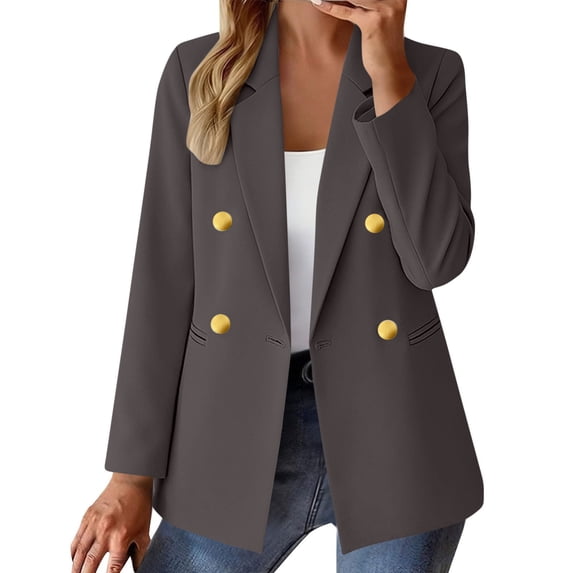 Women's Long Sleeve Blazer Fall Business Casual Double Breasted Suit Jackets Lapel Collar Slim Fit Blazers Dark Gray XL