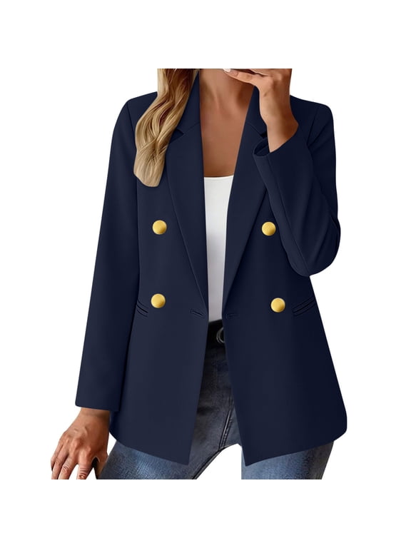 Women's Long Sleeve Blazer Fall Business Casual Double Breasted Suit Jackets Lapel Collar Slim Fit Blazers Navy L
