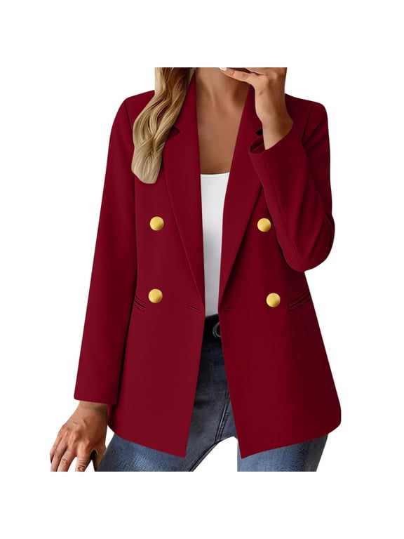 Women's Long Sleeve Blazer Fall Business Casual Double Breasted Suit Jackets Lapel Collar Slim Fit Blazers Wine 3XL