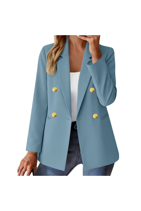 Women's Long Sleeve Blazer Jacket Business Casual Work Office Solid Professional Notch Lapel Double Breasted Suit with Rounded Hem Metallic Buttons 2026 Summer