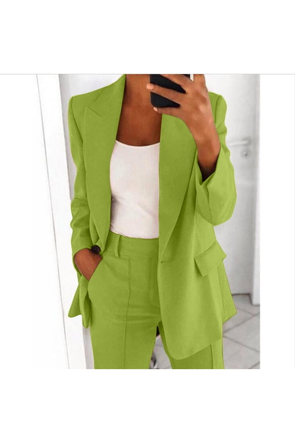 Women's Long Sleeve Blazer Set - Tailored Office Suit with Pockets