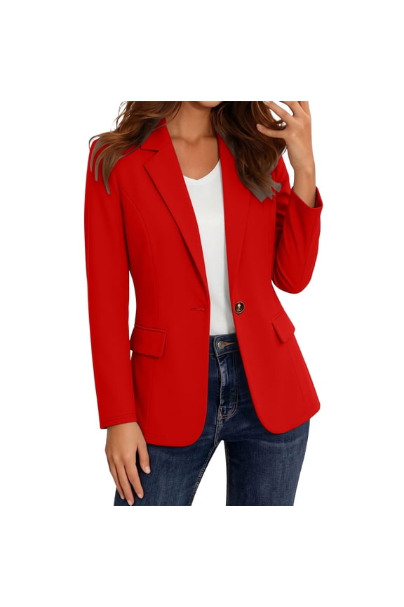 Women's Long Sleeve Blazer Spring Fall Trendy Casual Business Jackets Lapel V Neck Button Down Cardigan With Pockets (S, Red)