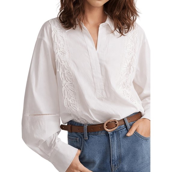 Women's Long Sleeve Blouse, Casual Top for Daily, Work & Vacation Outfits White XS