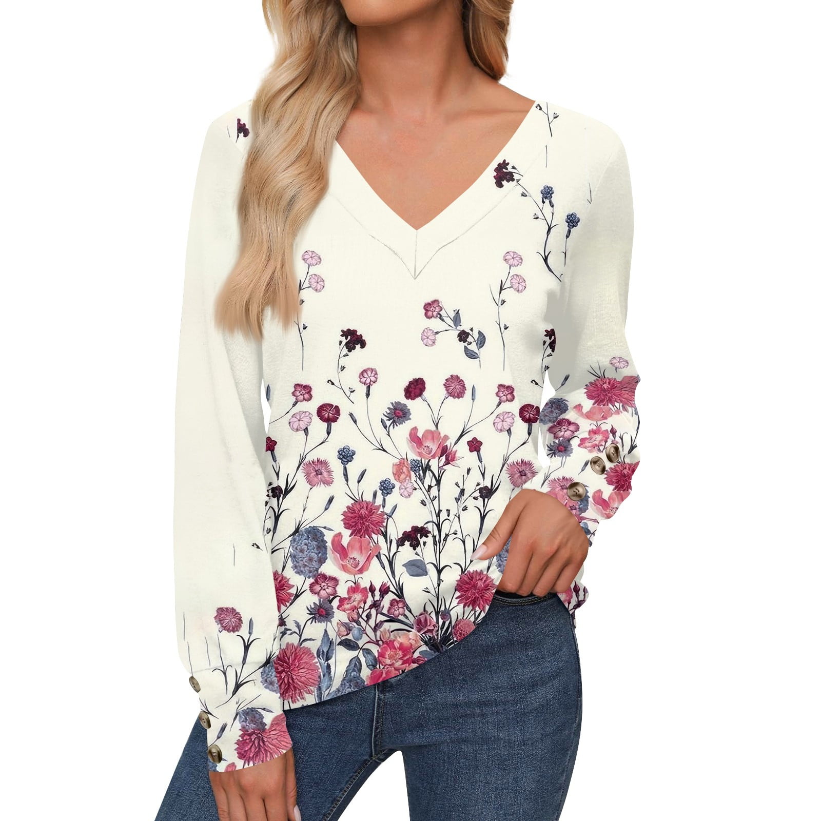 Women's Long Sleeve Blouse Tops Floral Print Shirts V Neck Buttons T