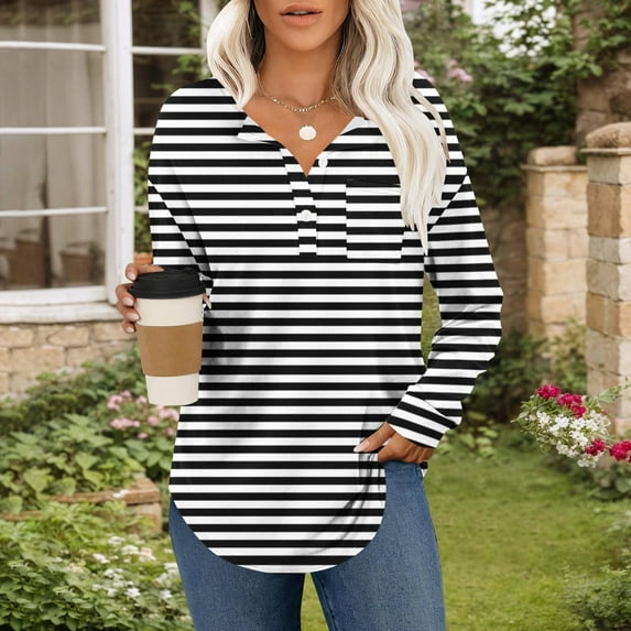 Women's Long Sleeve Blouse, V-Neck Printed Pullover Top with Button Detail, Soft Stretch Fabric for Casual Comfort and Daily Wear