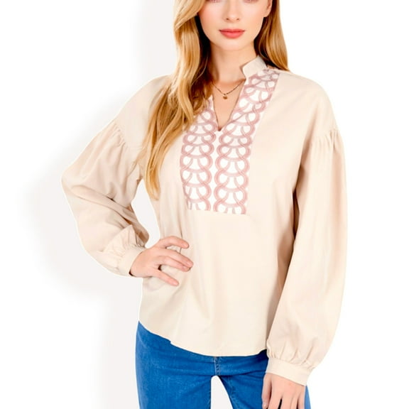 Women's Long Sleeve Blouse with Embroidered Front Detail and Stand Collar - Large, Light Beige