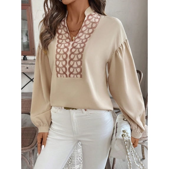 Women's Long Sleeve Blouse with Embroidered Front Detail and Stand Collar - Small, Light Beige