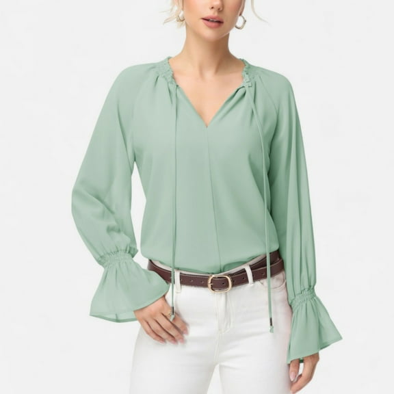 Women's Long Sleeve Blouse with Flounce Cuffs and Ruffle Trim Tie Neck Design - Large, Green