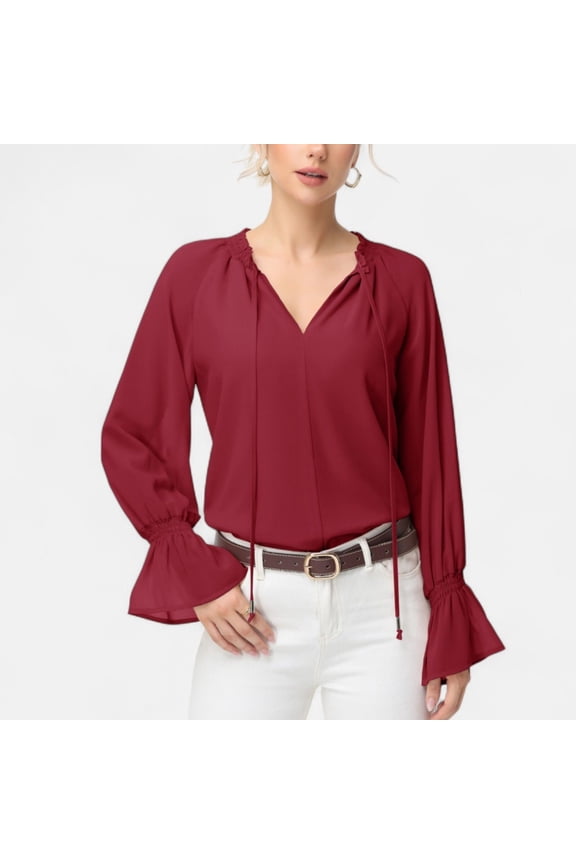 Women's Long Sleeve Blouse with Flounce Cuffs and Ruffle Trim Tie Neck Design - Medium, Burgundy