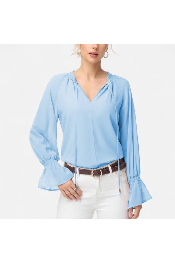 Women's Long Sleeve Blouse with Flounce Cuffs and Ruffle Trim Tie Neck Design - X Large, Blue