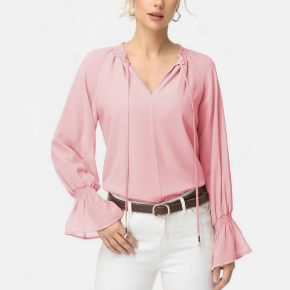 Women's Long Sleeve Blouse with Flounce Cuffs and Ruffle Trim Tie Neck Design - X Large, Pink