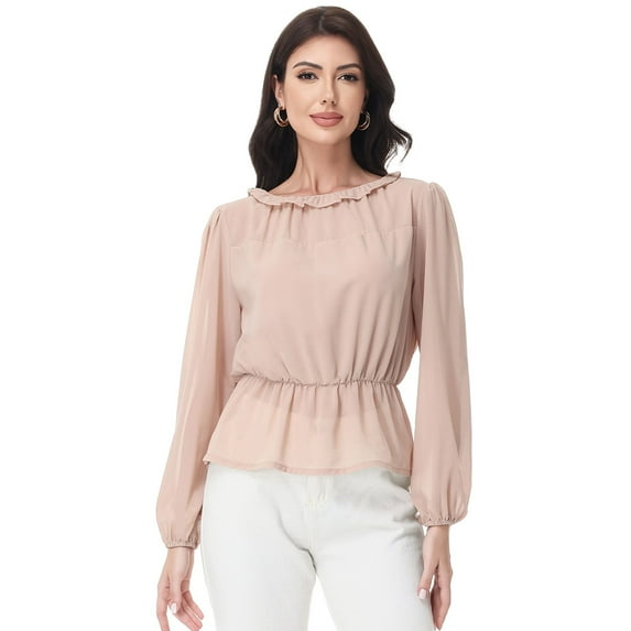 Women's Long Sleeve Blouse with Ruffle Neckline and Cinched Waist Detail - Large, Beige