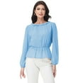 thumbnail image 1 of Women's Long Sleeve Blouse with Ruffle Neckline and Cinched Waist Detail - Small, Blue, 1 of 6
