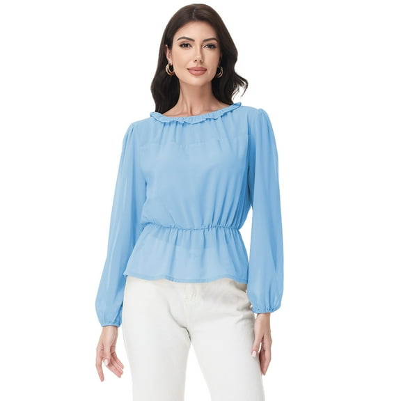 Women's Long Sleeve Blouse with Ruffle Neckline and Cinched Waist Detail - X Large, Blue