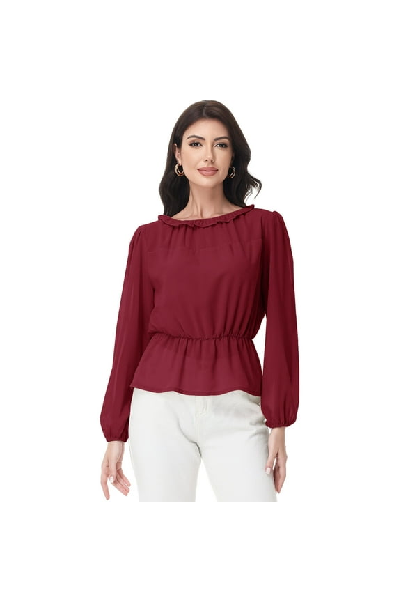 Women's Long Sleeve Blouse with Ruffle Neckline and Cinched Waist Detail - X Large, Burgundy