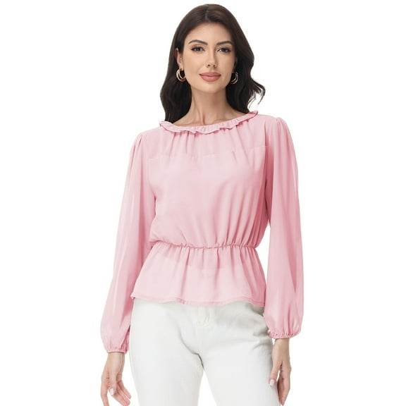 Women's Long Sleeve Blouse with Ruffle Neckline and Cinched Waist Detail - X Large, Pink