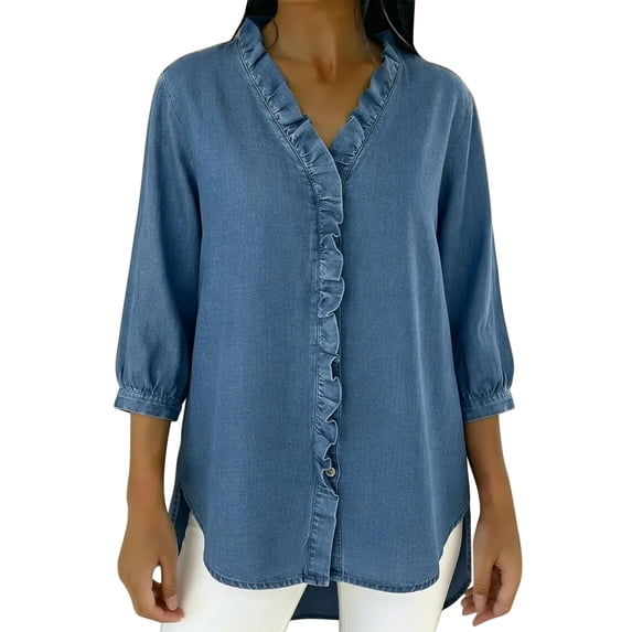 Women's Long Sleeve Blouses Plus Size with Faux Denim V-Neck and Ruffled Three Quarter Sleeve
