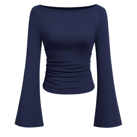 Women’s Long Sleeve Boat Neck Flared Cuff Slim Fit Ribbed Knit Top – Elegant Ruched Pullover Blouse for Casual or Party Wear Fashion Clothing for Women