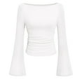 thumbnail image 1 of Women’s Long Sleeve Boat Neck Flared Cuff Slim Fit Ribbed Knit Top – Elegant Ruched Pullover Blouse for Casual or Party Wear Fashion Clothing for Women, 1 of 4