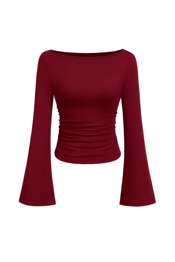 Women’s Long Sleeve Boat Neck Flared Cuff Slim Fit Ribbed Knit Top – Elegant Ruched Pullover Blouse for Casual or Party Wear Fashion Clothing for Women