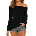 thumbnail image 1 of Women's Long Sleeve Boat Neck Off Shoulder Blouse Tops Black, 1 of 5