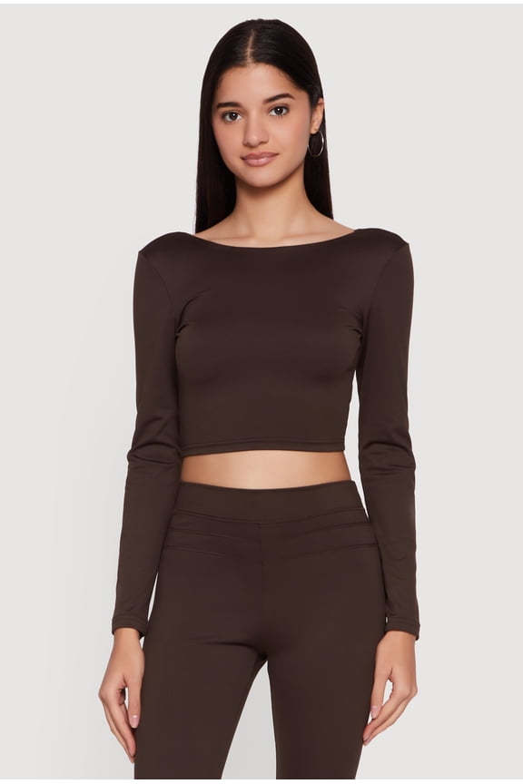 Women's Long Sleeve Boat Neck Open Twist Back Crop Top