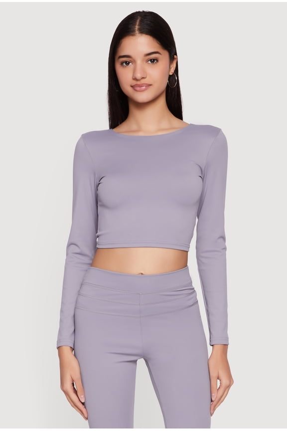 Women's Long Sleeve Boat Neck Open Twist Back Crop Top