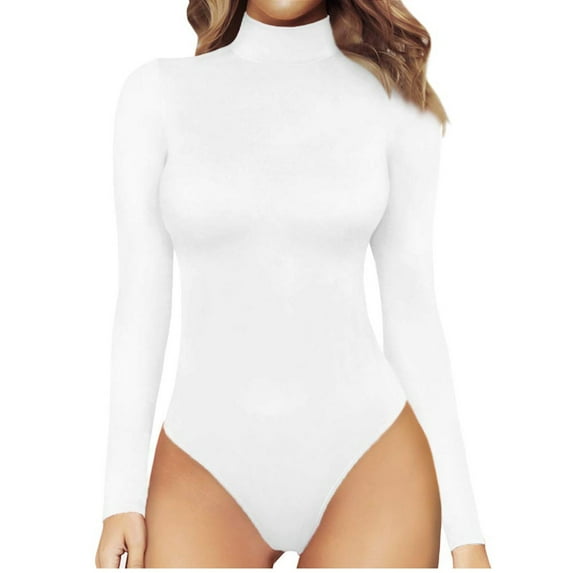 Women's Long Sleeve Body Suit Mock Printing Fashion Turtle Neck Tops Long Sleeve Bodysuit Shirts White S